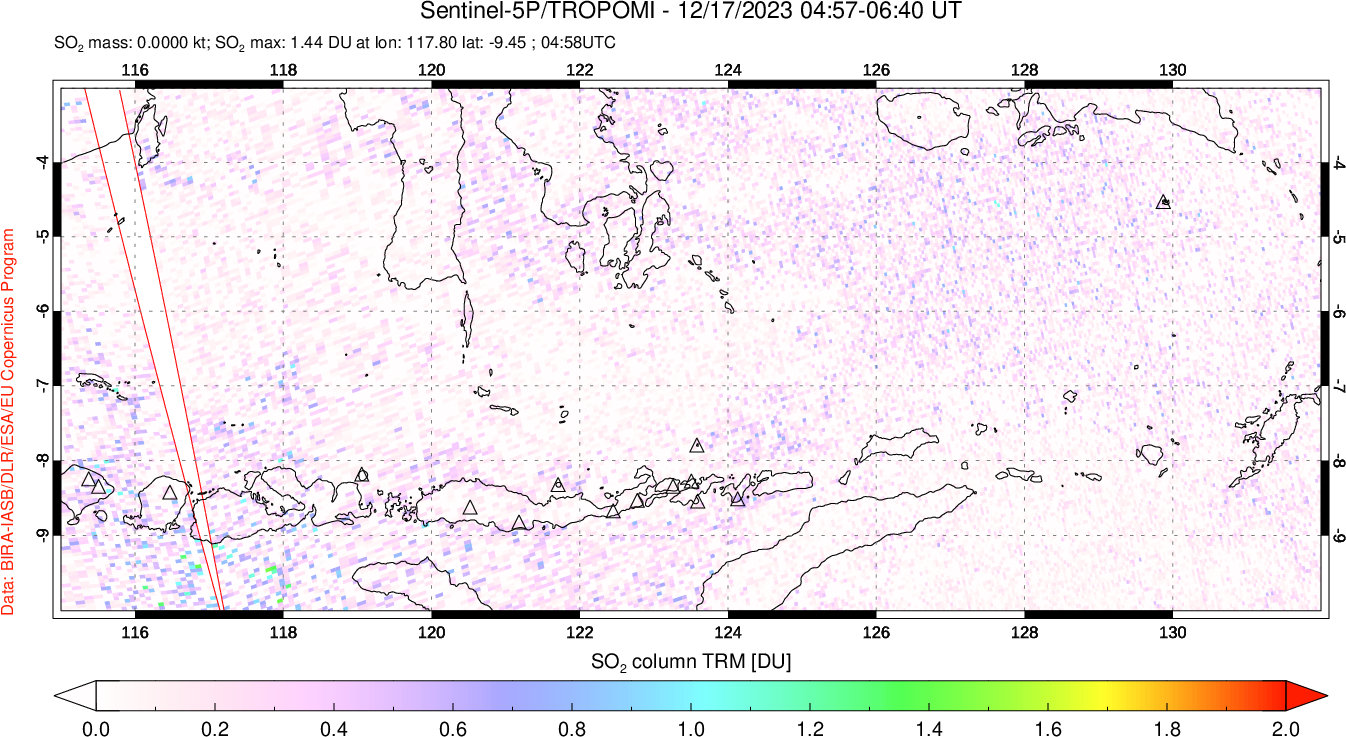 A sulfur dioxide image over Lesser Sunda Islands, Indonesia on Dec 17, 2023.