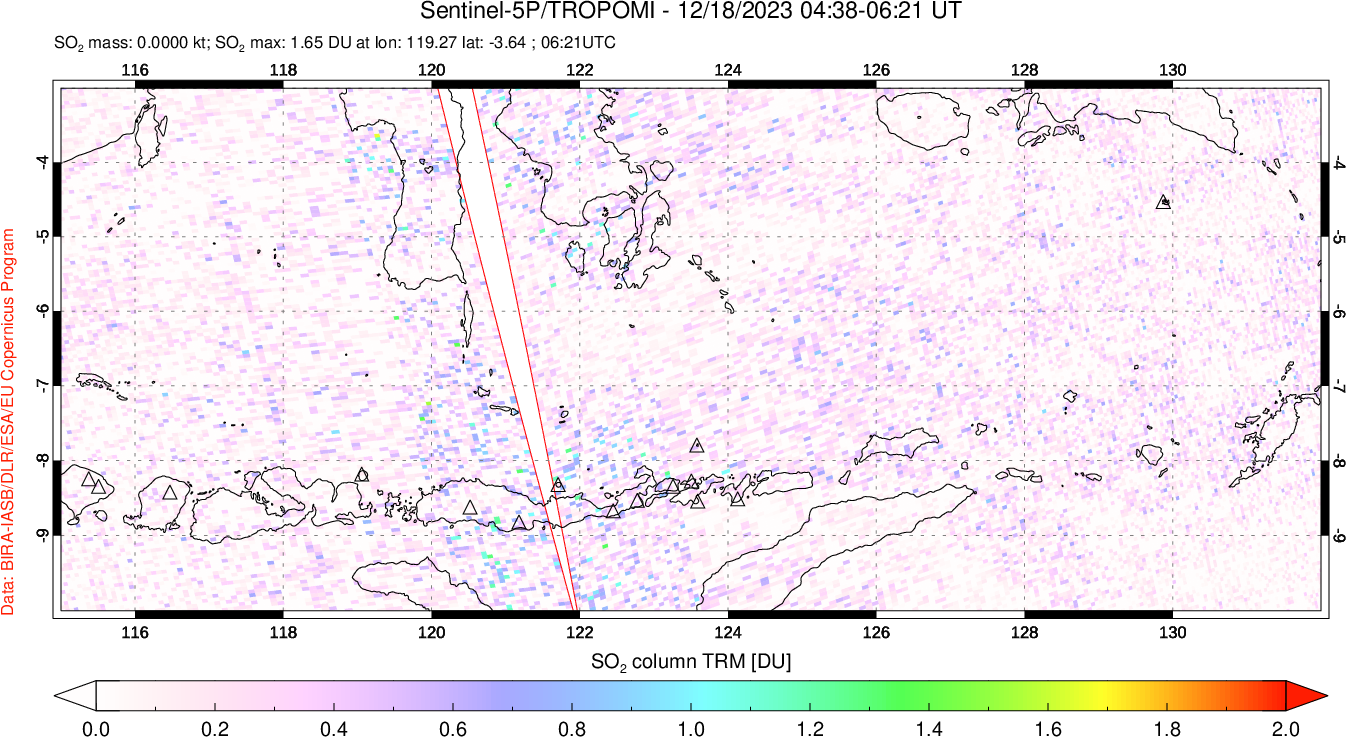 A sulfur dioxide image over Lesser Sunda Islands, Indonesia on Dec 18, 2023.