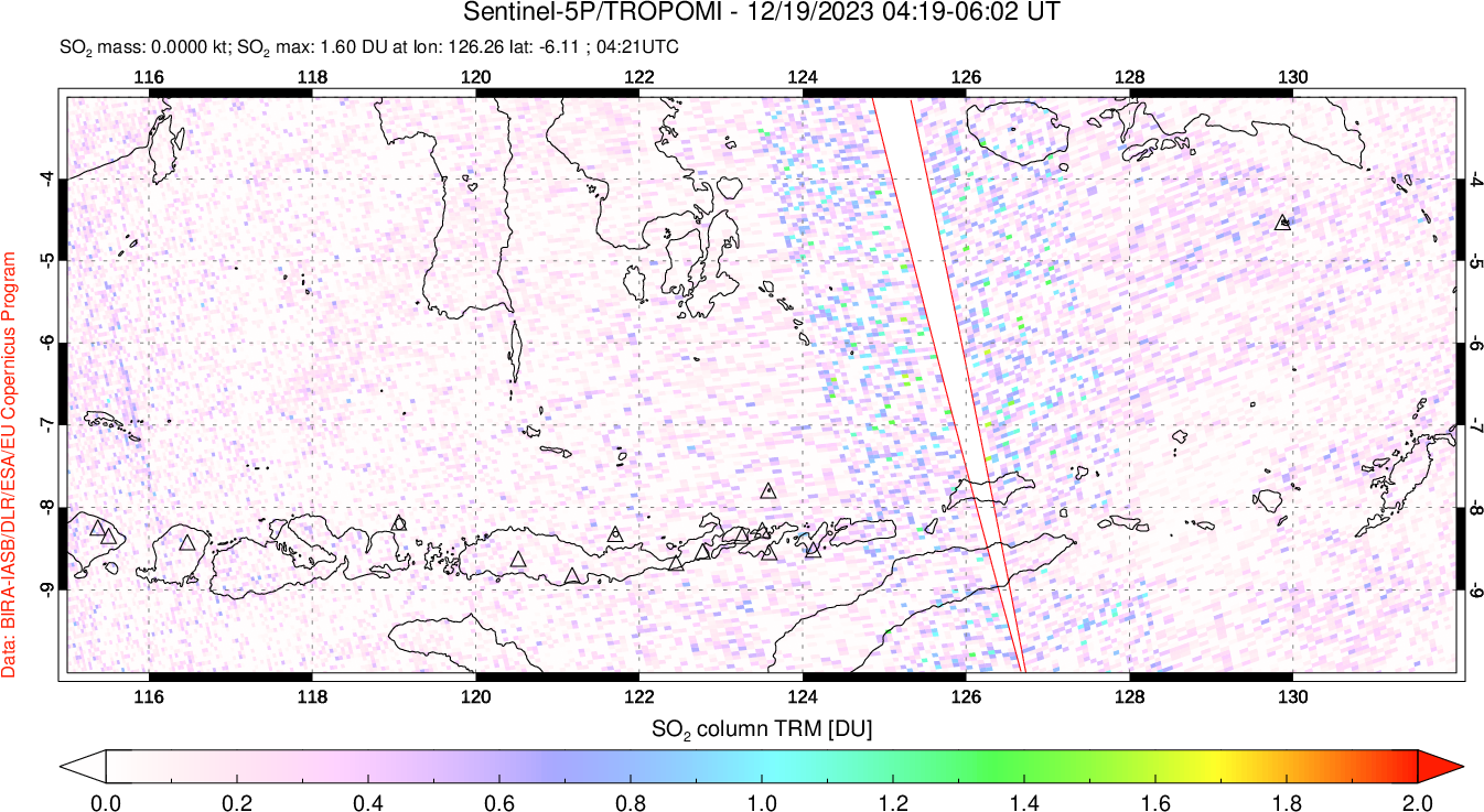 A sulfur dioxide image over Lesser Sunda Islands, Indonesia on Dec 19, 2023.