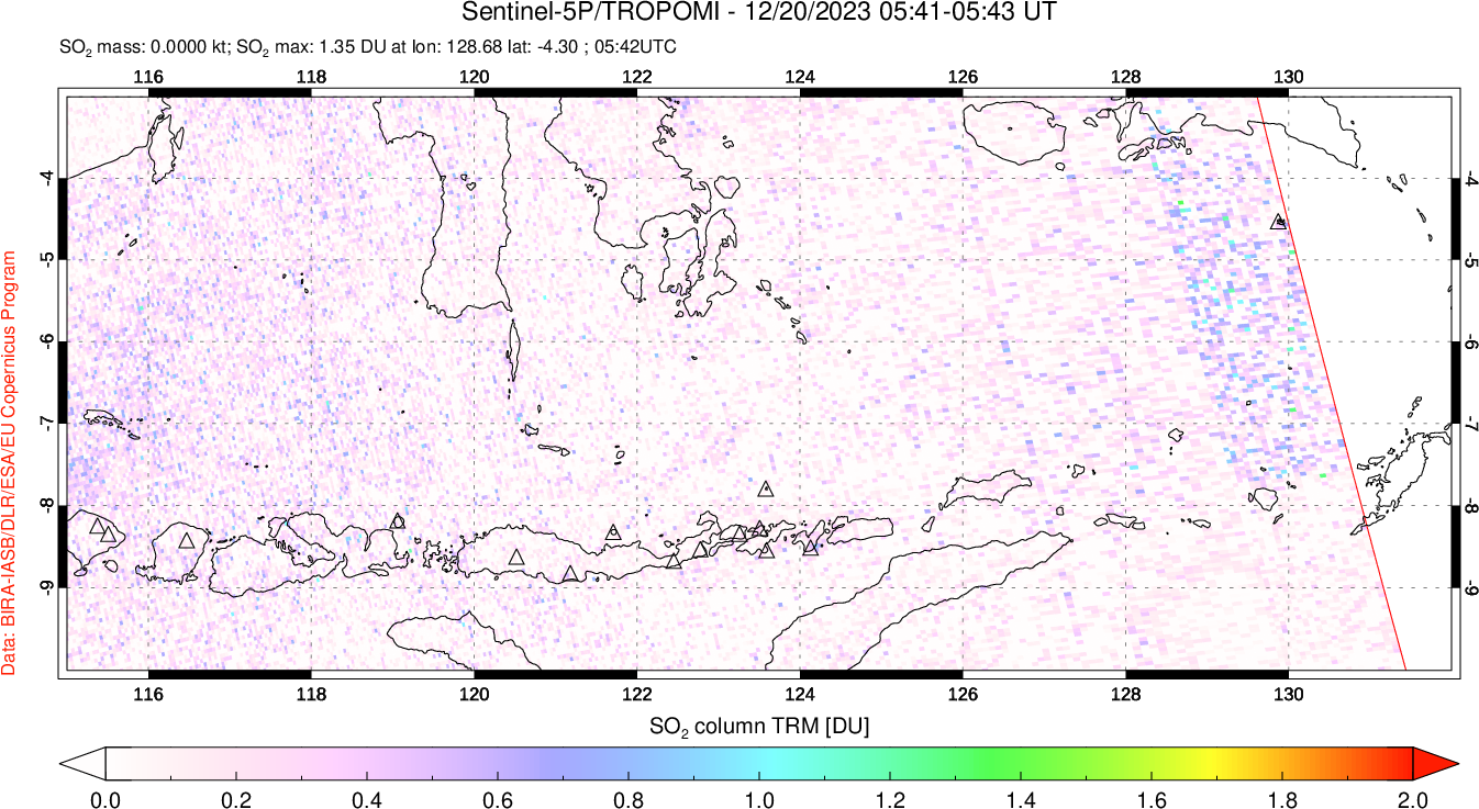 A sulfur dioxide image over Lesser Sunda Islands, Indonesia on Dec 20, 2023.