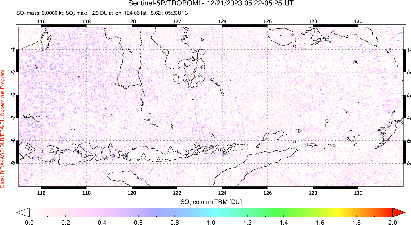 A sulfur dioxide image over Lesser Sunda Islands, Indonesia on Dec 21, 2023.