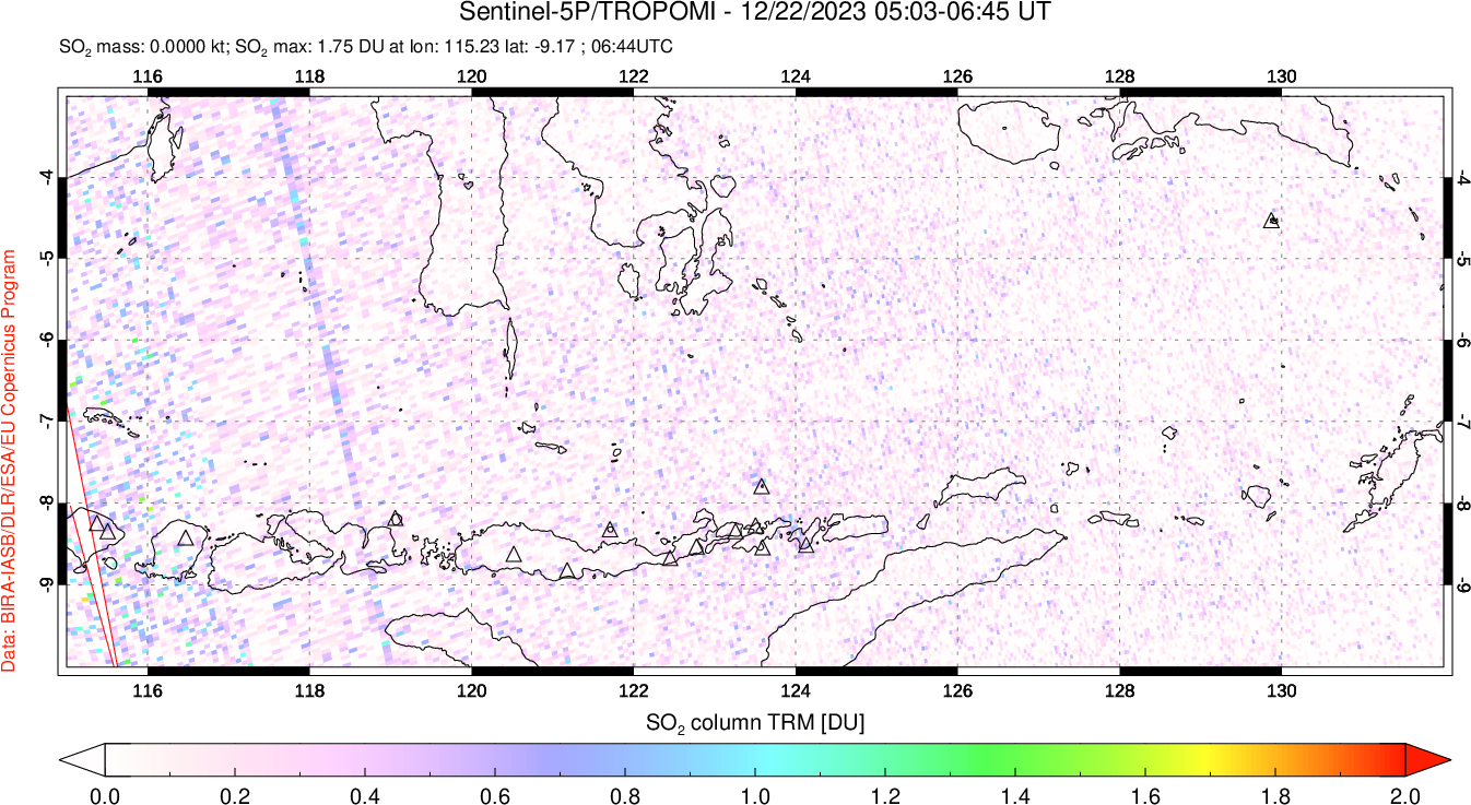 A sulfur dioxide image over Lesser Sunda Islands, Indonesia on Dec 22, 2023.