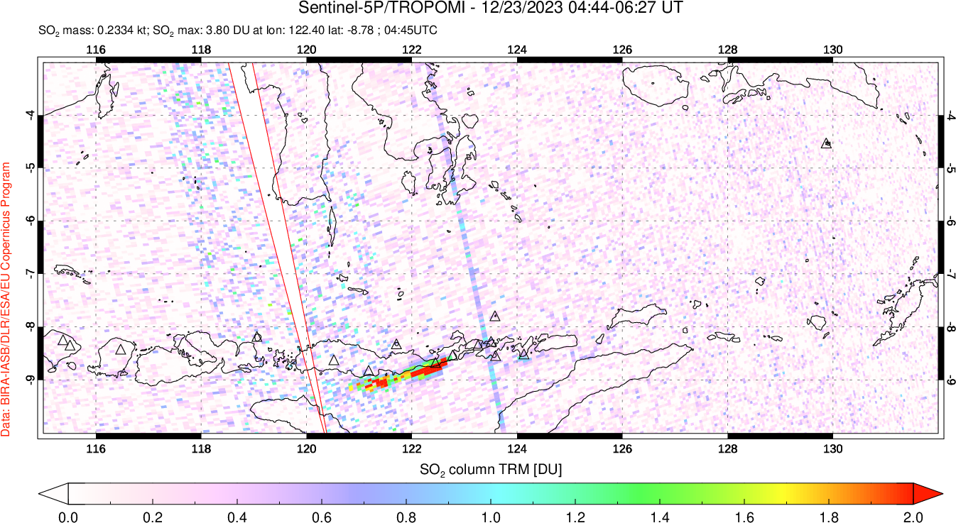 A sulfur dioxide image over Lesser Sunda Islands, Indonesia on Dec 23, 2023.