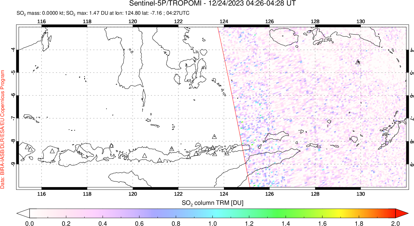 A sulfur dioxide image over Lesser Sunda Islands, Indonesia on Dec 24, 2023.