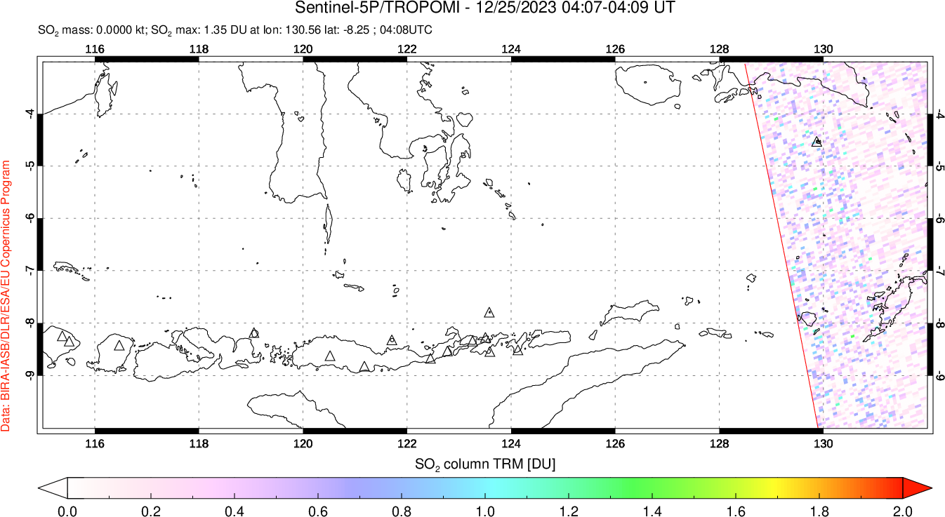 A sulfur dioxide image over Lesser Sunda Islands, Indonesia on Dec 25, 2023.