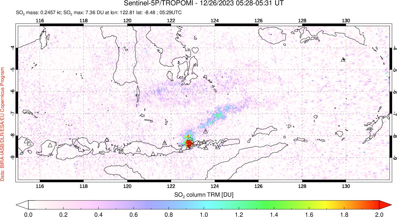 A sulfur dioxide image over Lesser Sunda Islands, Indonesia on Dec 26, 2023.