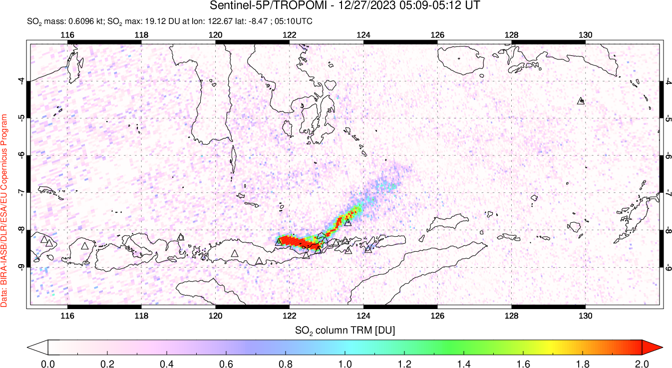 A sulfur dioxide image over Lesser Sunda Islands, Indonesia on Dec 27, 2023.