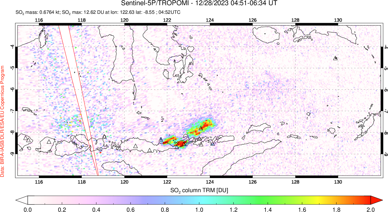 A sulfur dioxide image over Lesser Sunda Islands, Indonesia on Dec 28, 2023.