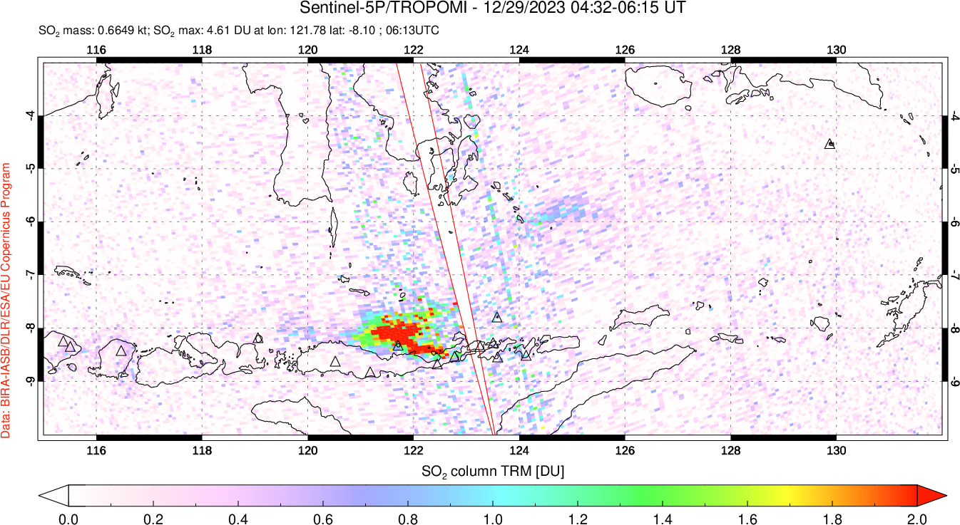 A sulfur dioxide image over Lesser Sunda Islands, Indonesia on Dec 29, 2023.