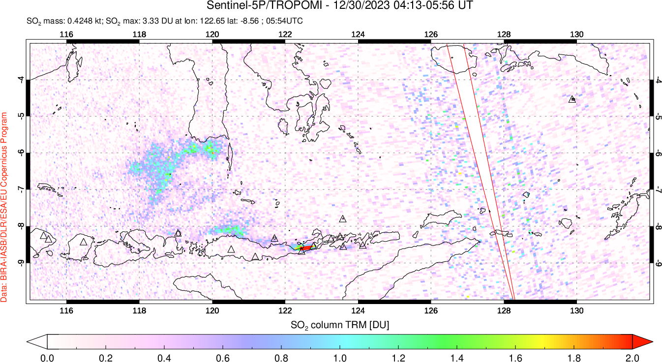 A sulfur dioxide image over Lesser Sunda Islands, Indonesia on Dec 30, 2023.