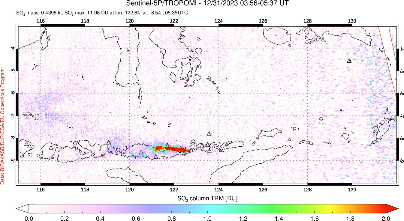 A sulfur dioxide image over Lesser Sunda Islands, Indonesia on Dec 31, 2023.