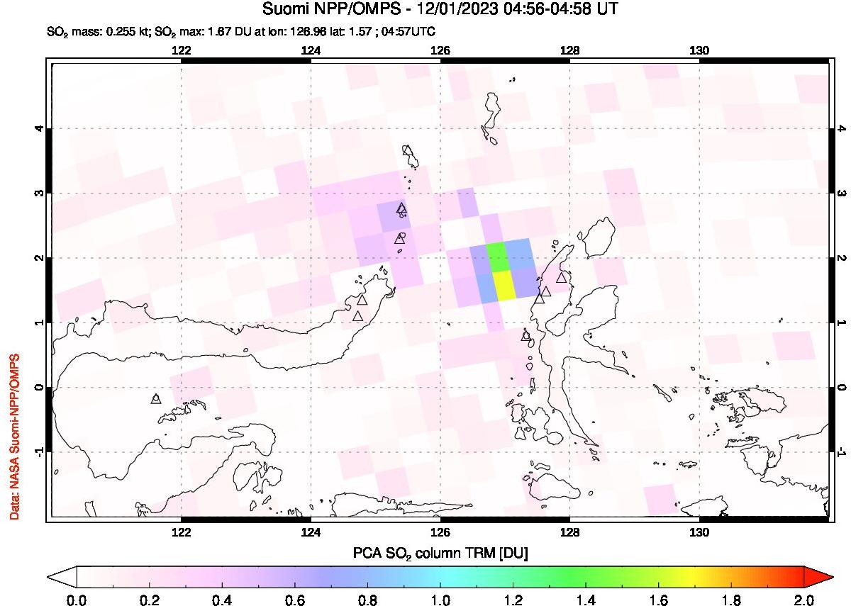 A sulfur dioxide image over Northern Sulawesi & Halmahera, Indonesia on Dec 01, 2023.