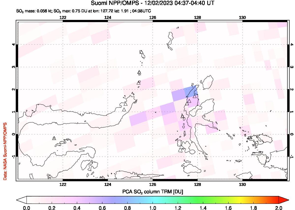 A sulfur dioxide image over Northern Sulawesi & Halmahera, Indonesia on Dec 02, 2023.