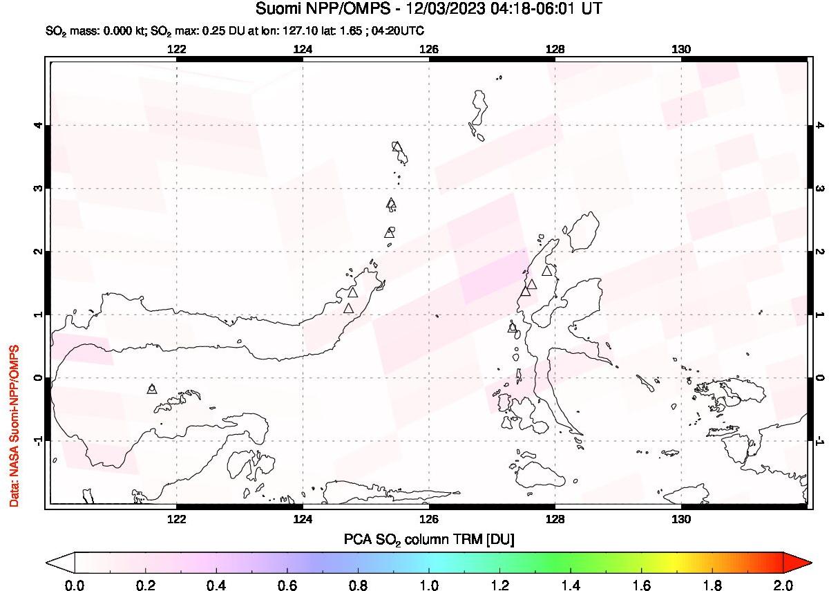 A sulfur dioxide image over Northern Sulawesi & Halmahera, Indonesia on Dec 03, 2023.