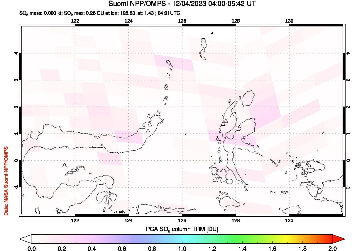 A sulfur dioxide image over Northern Sulawesi & Halmahera, Indonesia on Dec 04, 2023.