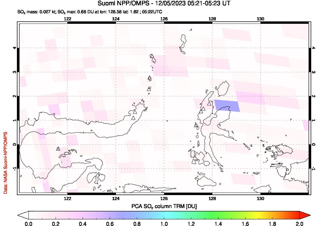 A sulfur dioxide image over Northern Sulawesi & Halmahera, Indonesia on Dec 05, 2023.