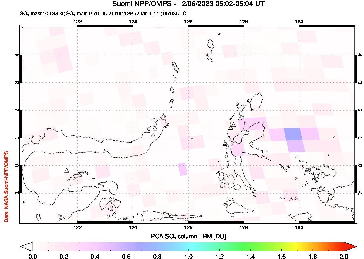 A sulfur dioxide image over Northern Sulawesi & Halmahera, Indonesia on Dec 06, 2023.