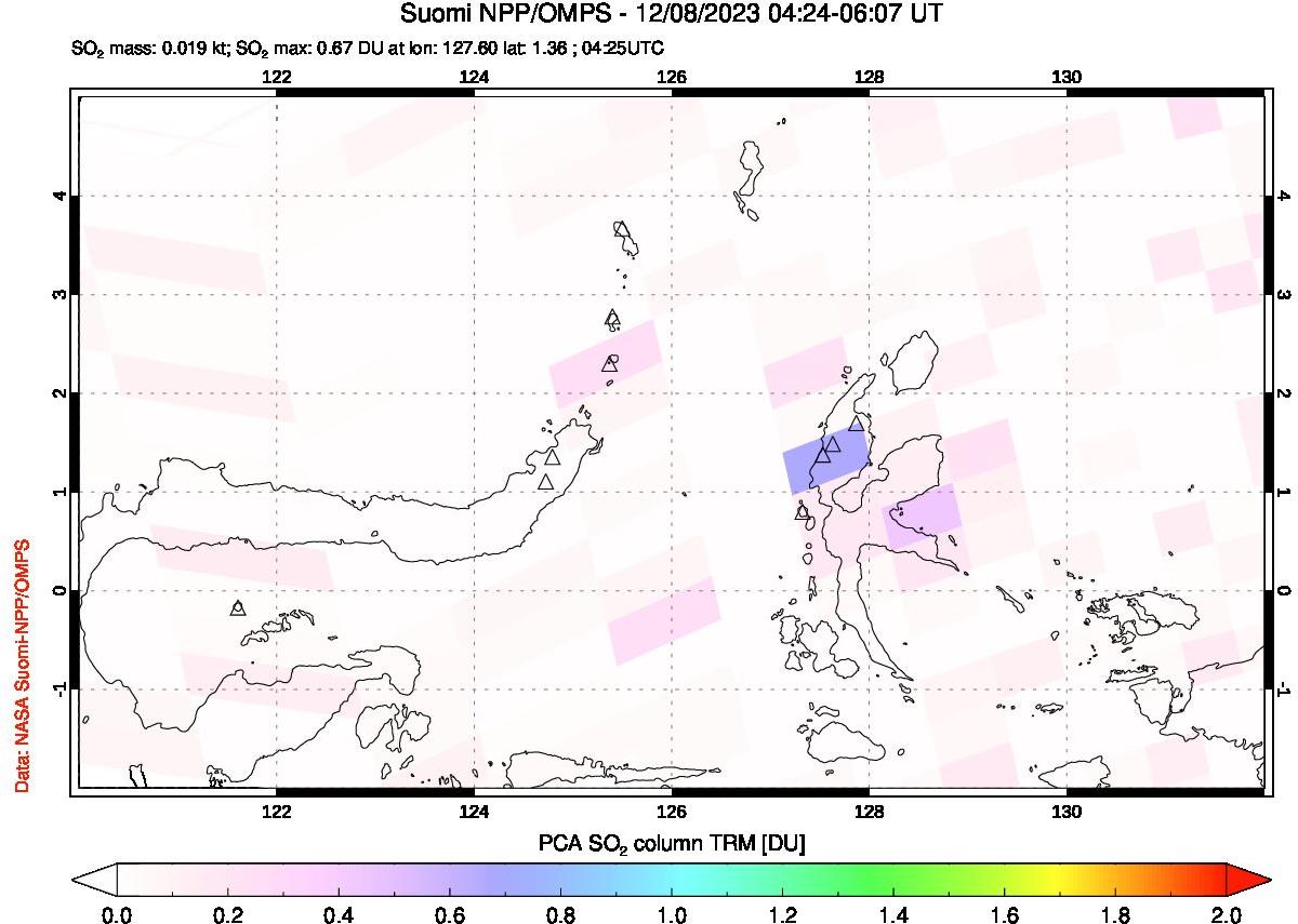 A sulfur dioxide image over Northern Sulawesi & Halmahera, Indonesia on Dec 08, 2023.