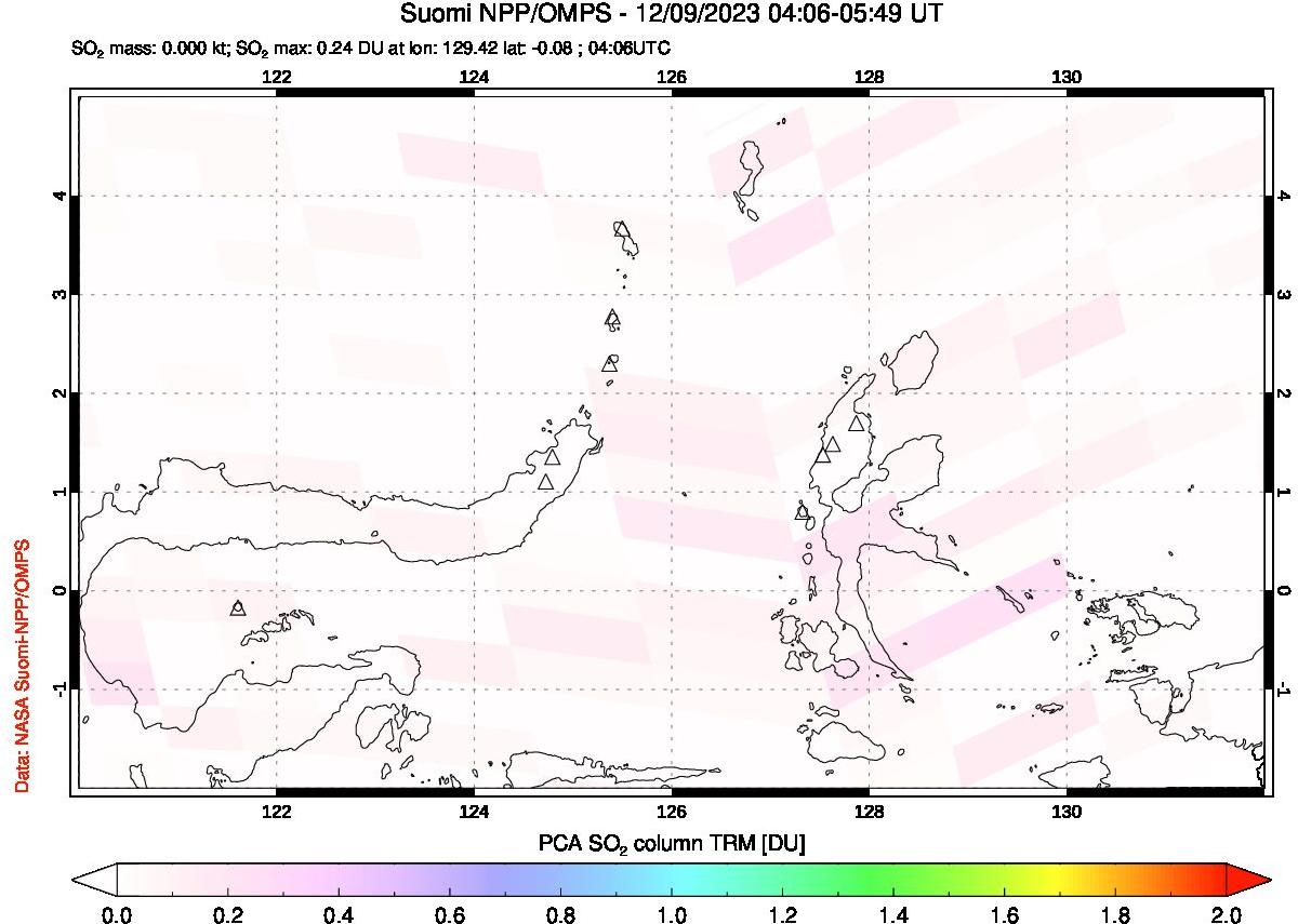 A sulfur dioxide image over Northern Sulawesi & Halmahera, Indonesia on Dec 09, 2023.