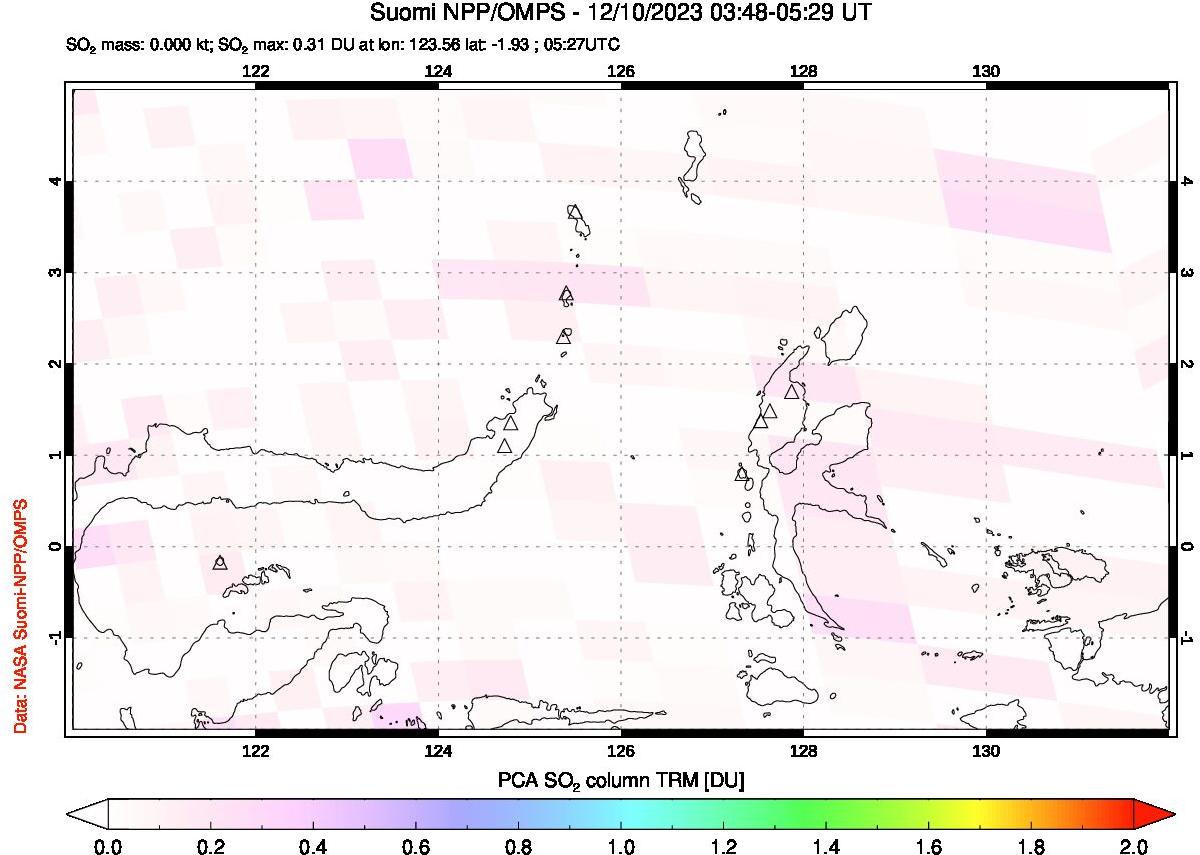 A sulfur dioxide image over Northern Sulawesi & Halmahera, Indonesia on Dec 10, 2023.