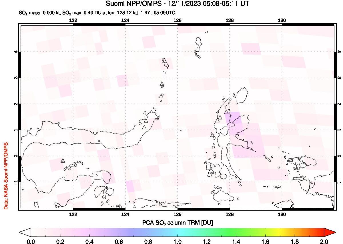 A sulfur dioxide image over Northern Sulawesi & Halmahera, Indonesia on Dec 11, 2023.