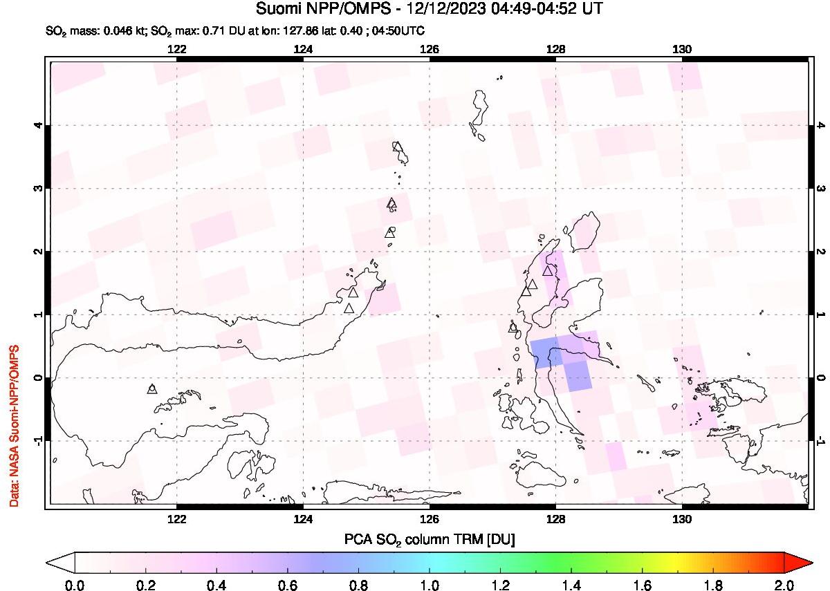 A sulfur dioxide image over Northern Sulawesi & Halmahera, Indonesia on Dec 12, 2023.