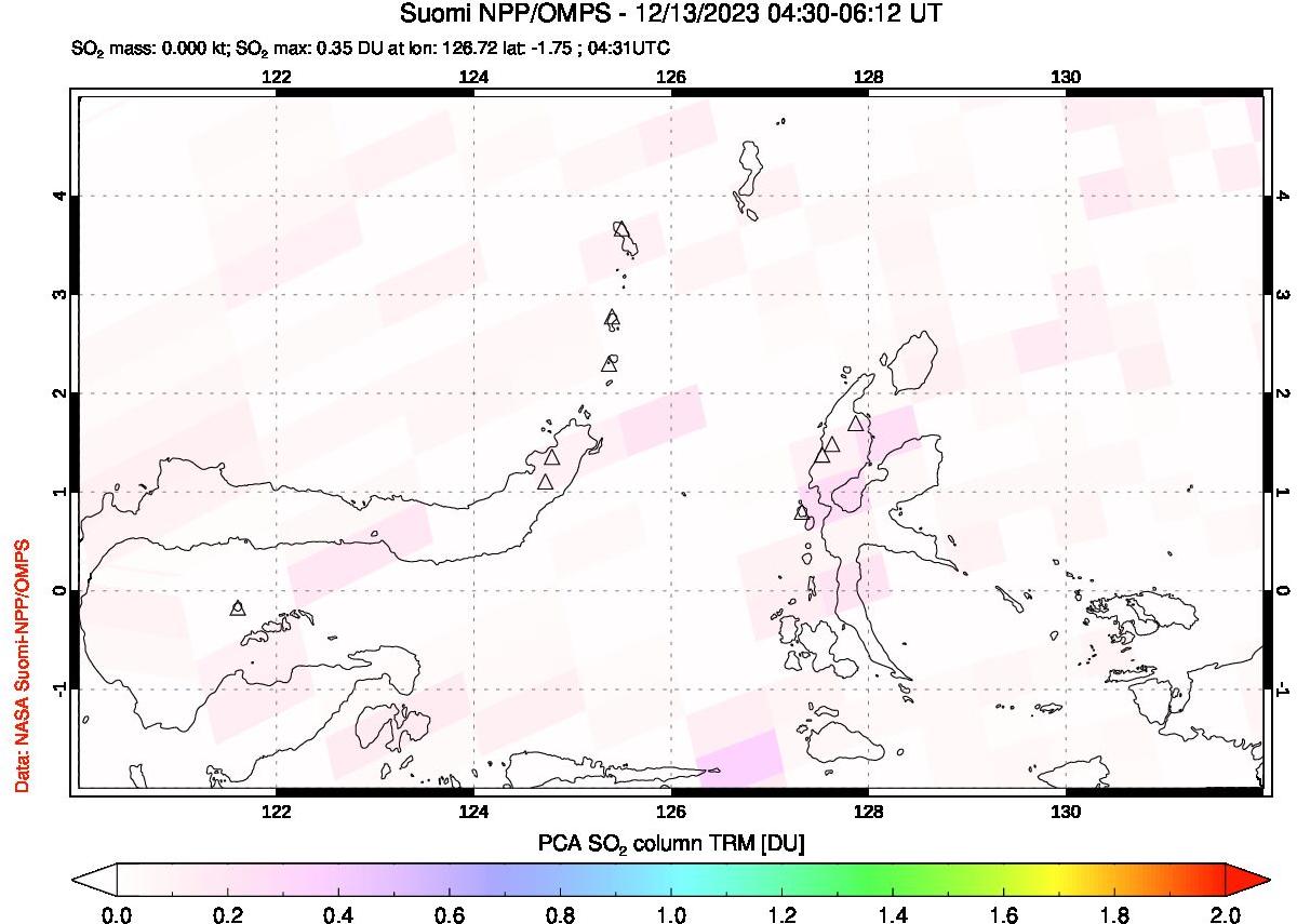 A sulfur dioxide image over Northern Sulawesi & Halmahera, Indonesia on Dec 13, 2023.