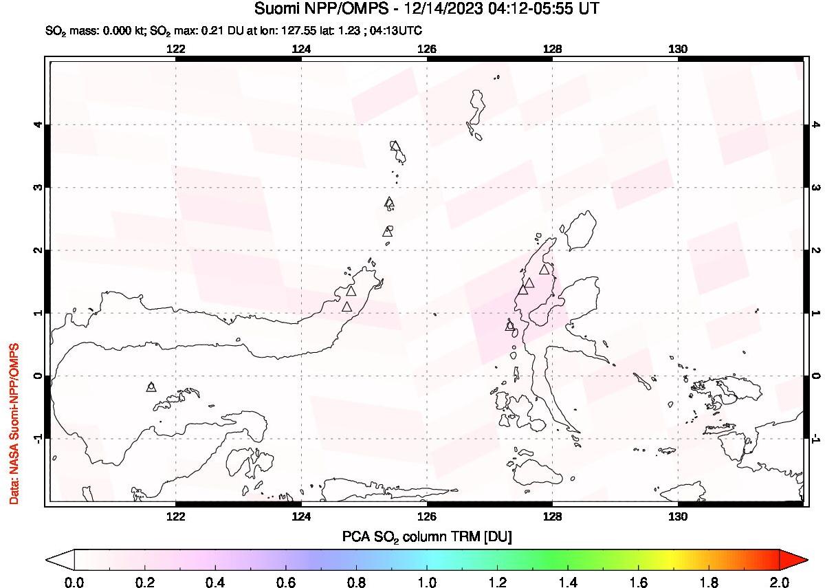 A sulfur dioxide image over Northern Sulawesi & Halmahera, Indonesia on Dec 14, 2023.