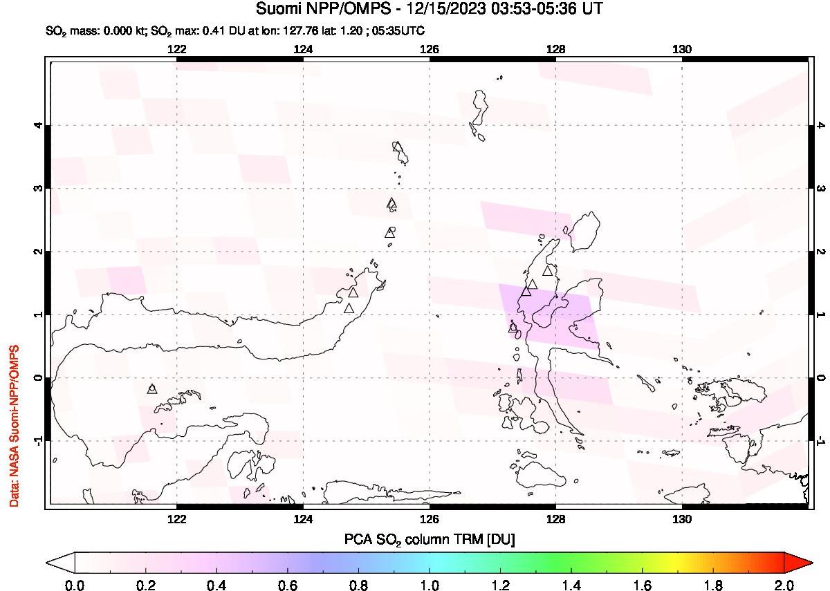 A sulfur dioxide image over Northern Sulawesi & Halmahera, Indonesia on Dec 15, 2023.