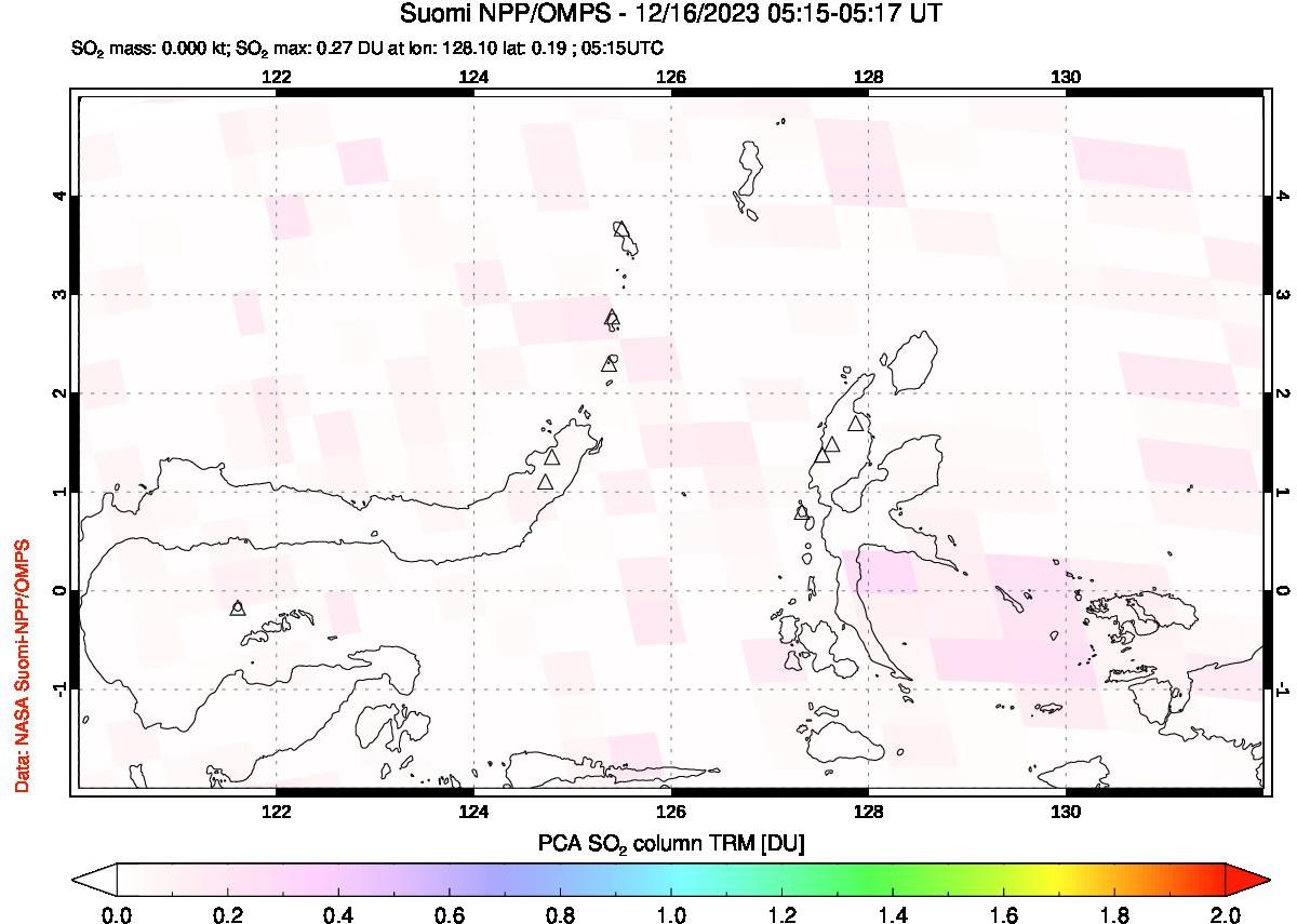 A sulfur dioxide image over Northern Sulawesi & Halmahera, Indonesia on Dec 16, 2023.