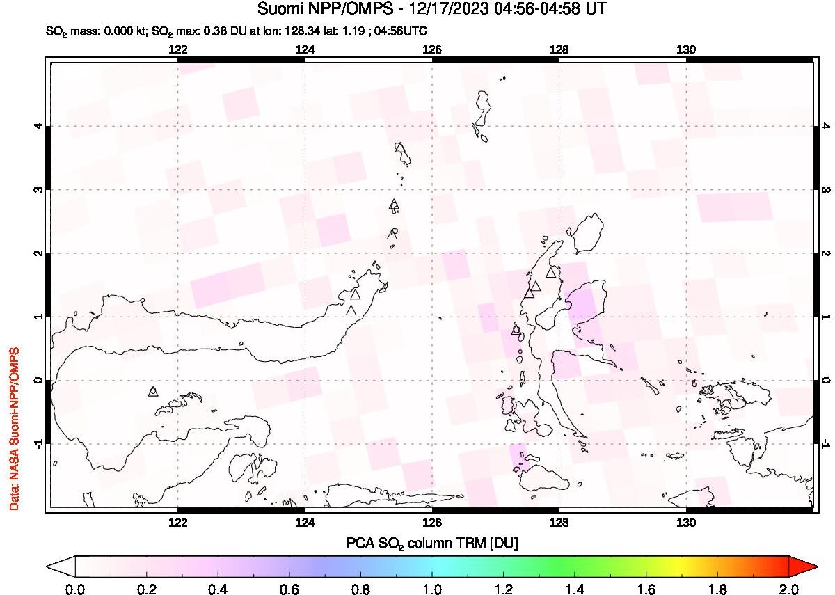 A sulfur dioxide image over Northern Sulawesi & Halmahera, Indonesia on Dec 17, 2023.