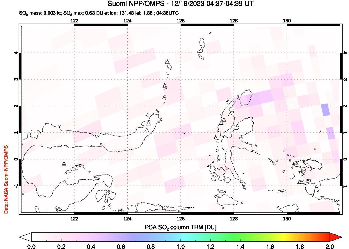 A sulfur dioxide image over Northern Sulawesi & Halmahera, Indonesia on Dec 18, 2023.