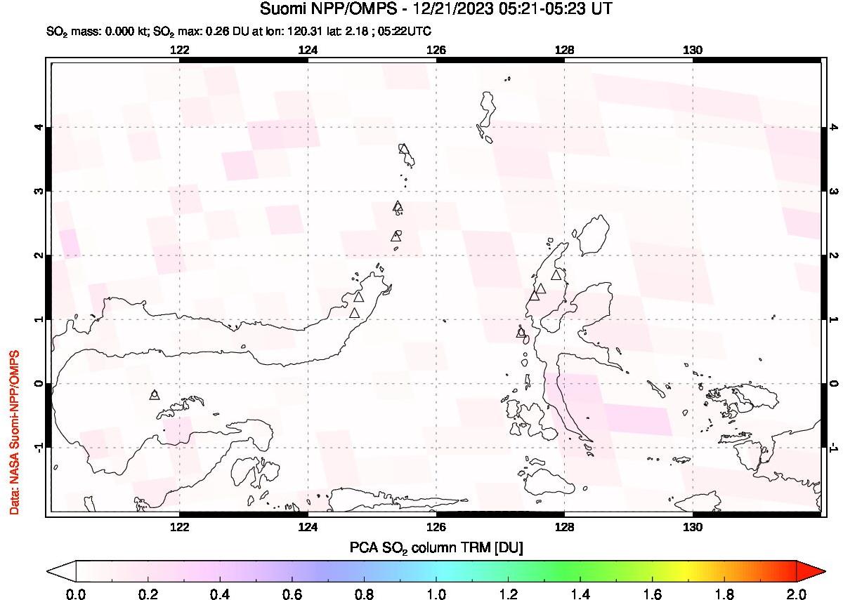 A sulfur dioxide image over Northern Sulawesi & Halmahera, Indonesia on Dec 21, 2023.