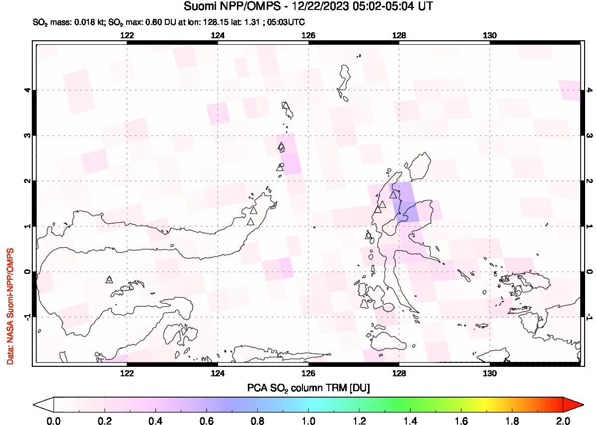 A sulfur dioxide image over Northern Sulawesi & Halmahera, Indonesia on Dec 22, 2023.