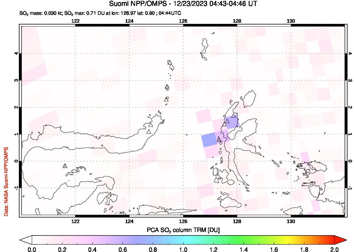 A sulfur dioxide image over Northern Sulawesi & Halmahera, Indonesia on Dec 23, 2023.