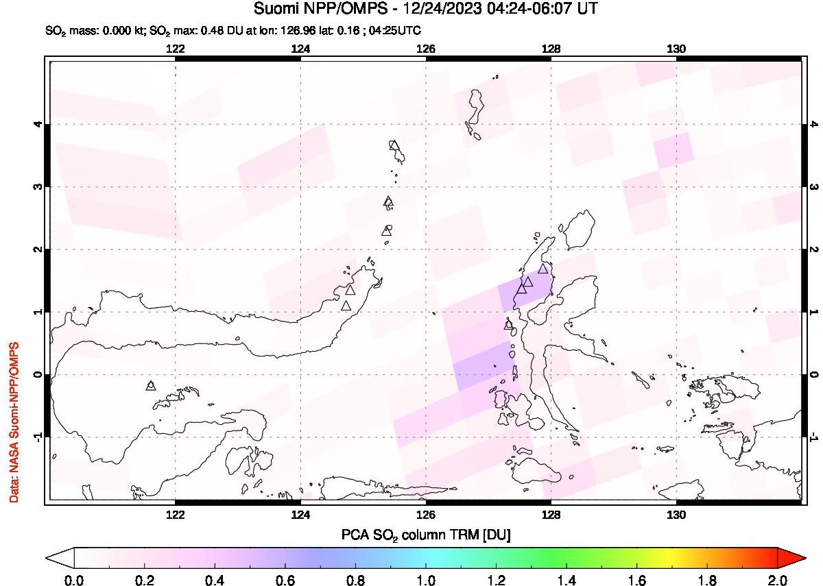 A sulfur dioxide image over Northern Sulawesi & Halmahera, Indonesia on Dec 24, 2023.