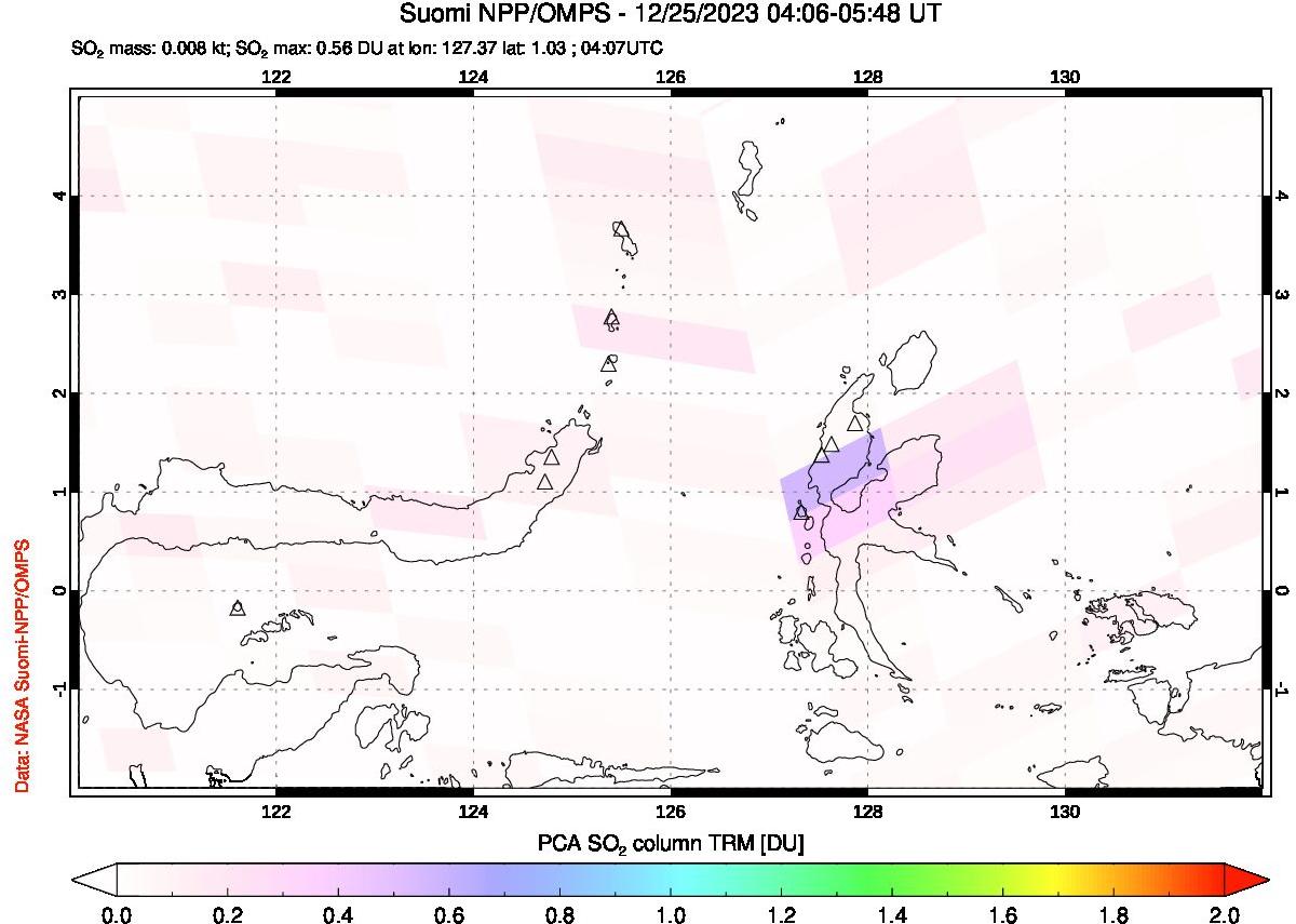 A sulfur dioxide image over Northern Sulawesi & Halmahera, Indonesia on Dec 25, 2023.