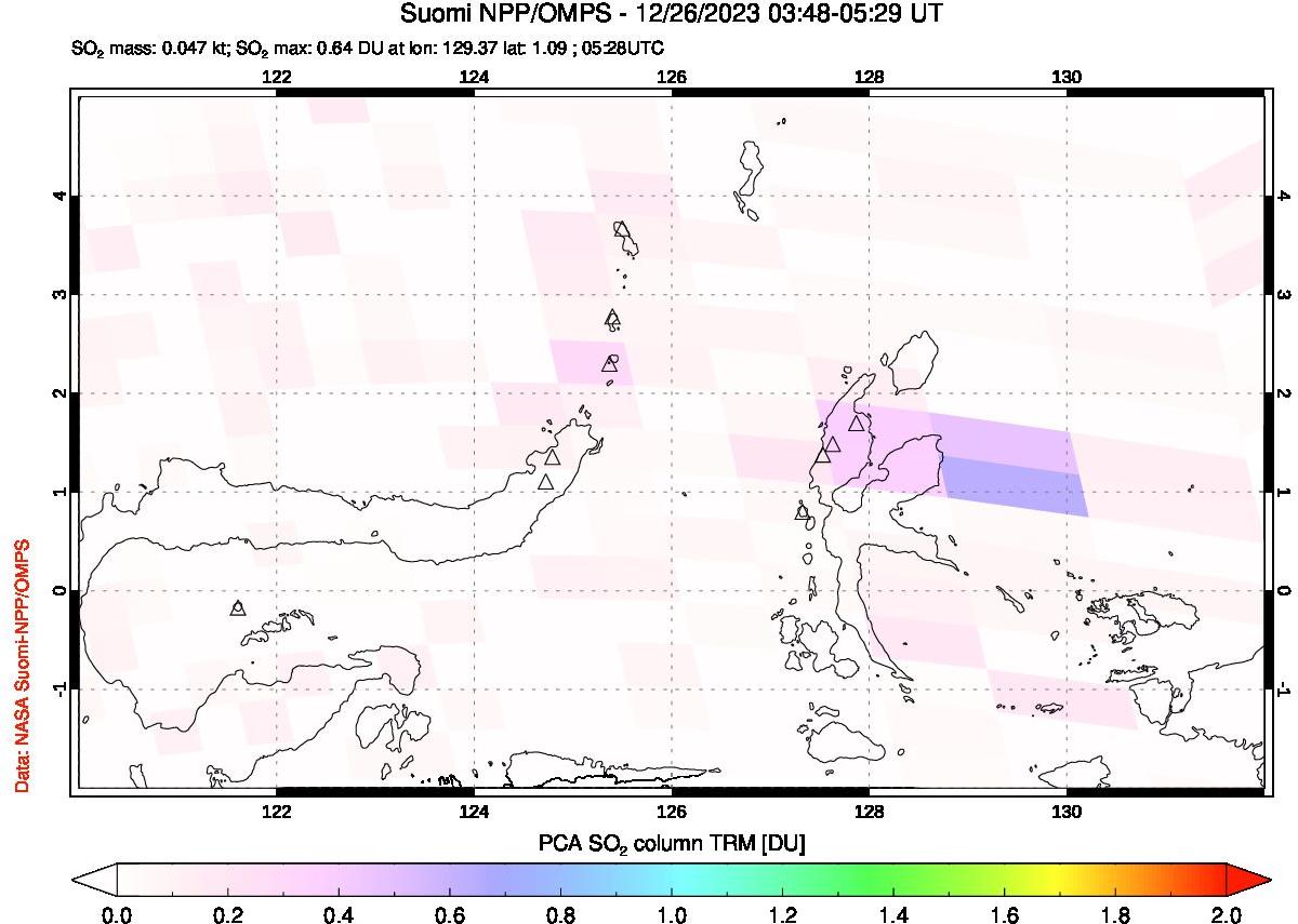 A sulfur dioxide image over Northern Sulawesi & Halmahera, Indonesia on Dec 26, 2023.