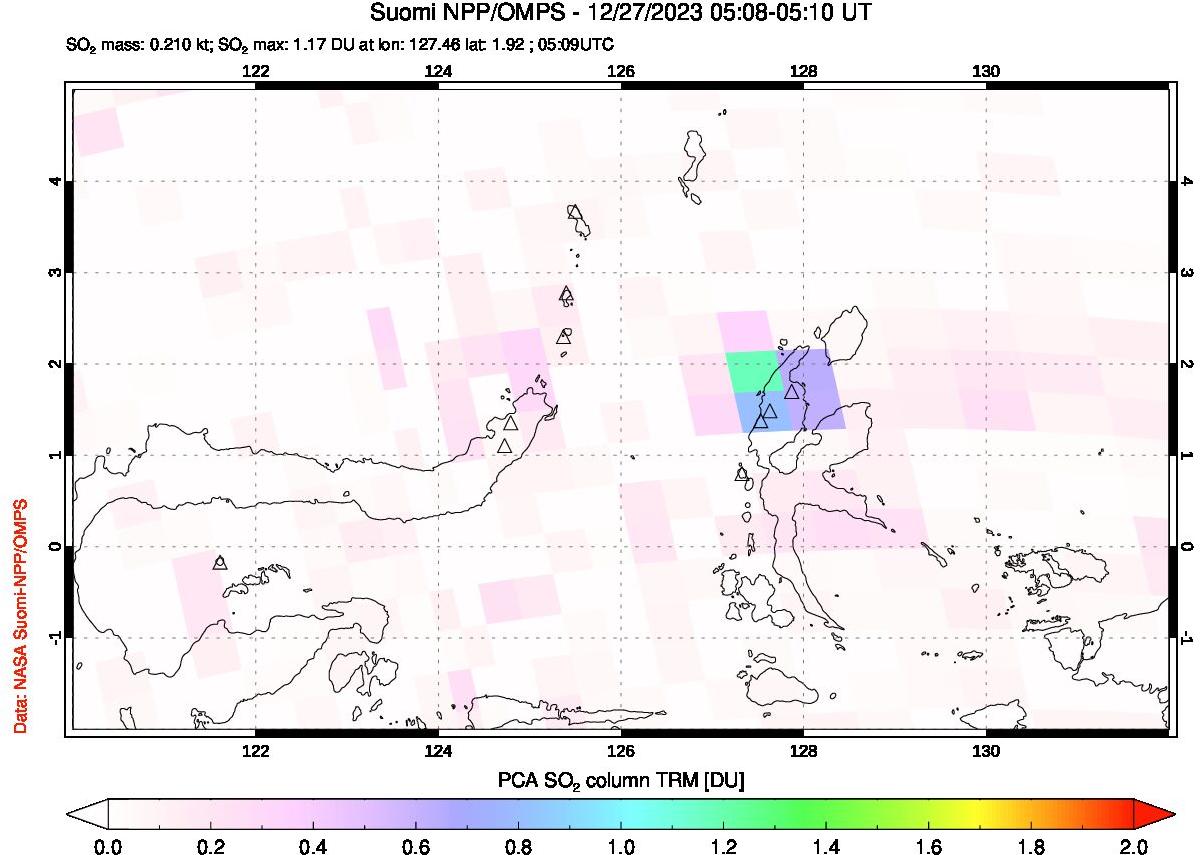 A sulfur dioxide image over Northern Sulawesi & Halmahera, Indonesia on Dec 27, 2023.