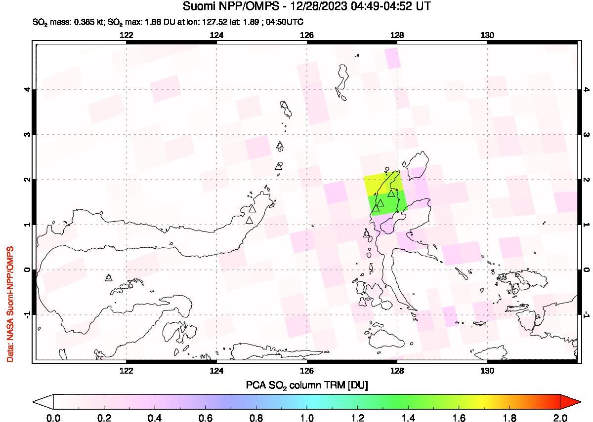 A sulfur dioxide image over Northern Sulawesi & Halmahera, Indonesia on Dec 28, 2023.