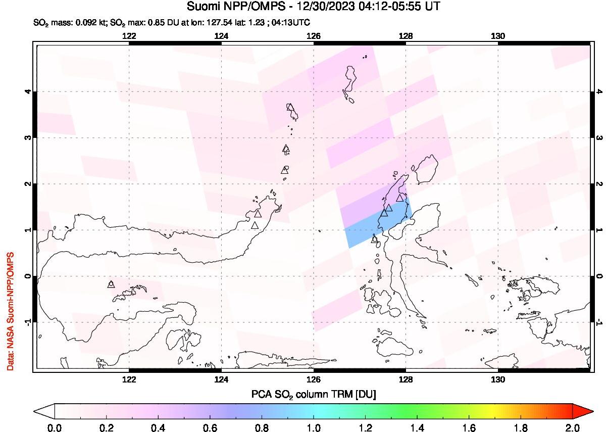 A sulfur dioxide image over Northern Sulawesi & Halmahera, Indonesia on Dec 30, 2023.