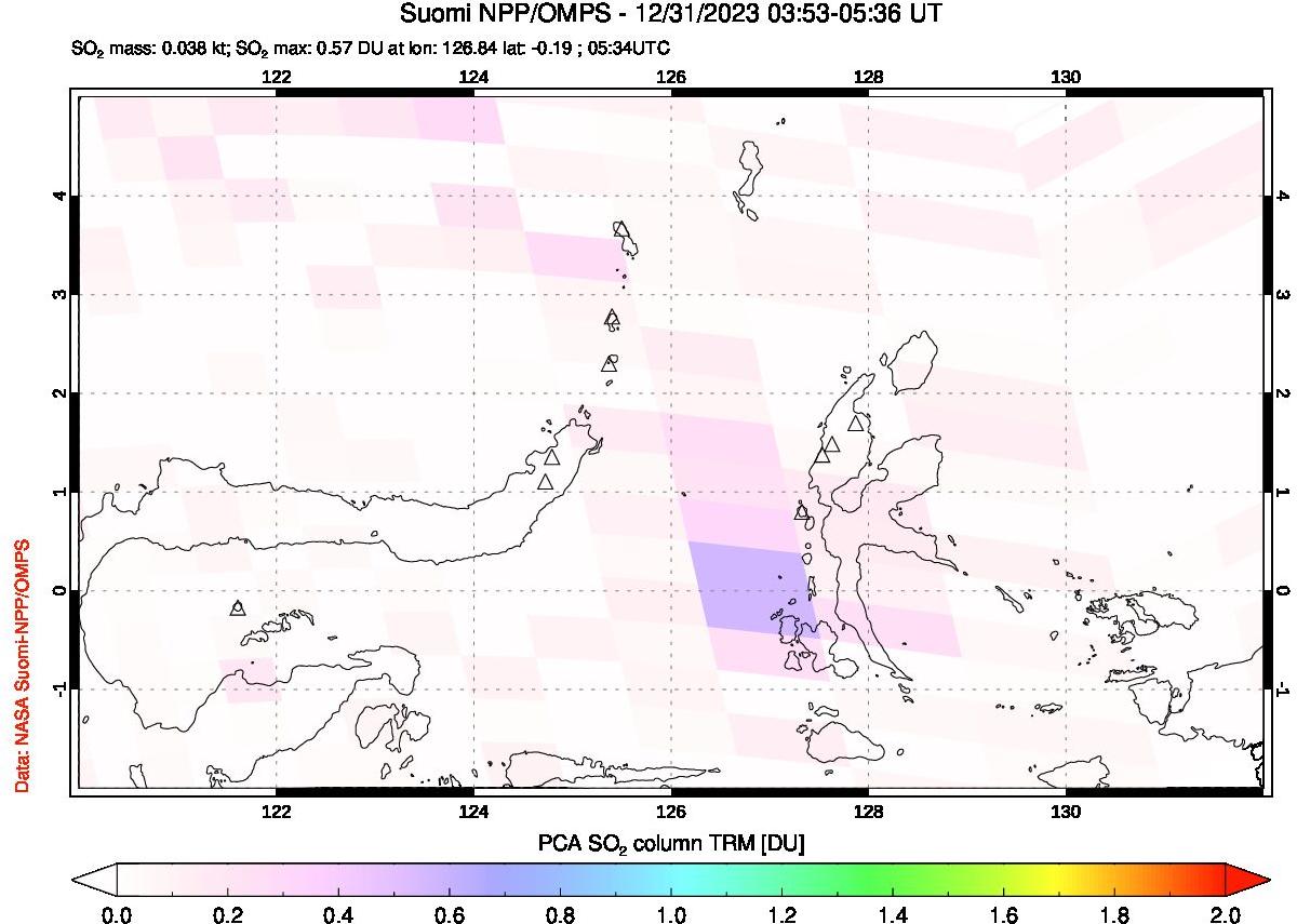 A sulfur dioxide image over Northern Sulawesi & Halmahera, Indonesia on Dec 31, 2023.