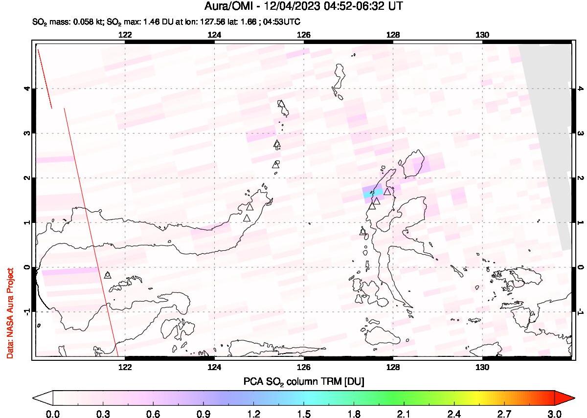 A sulfur dioxide image over Northern Sulawesi & Halmahera, Indonesia on Dec 04, 2023.