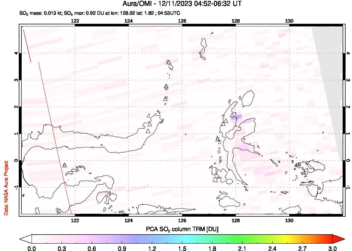 A sulfur dioxide image over Northern Sulawesi & Halmahera, Indonesia on Dec 11, 2023.