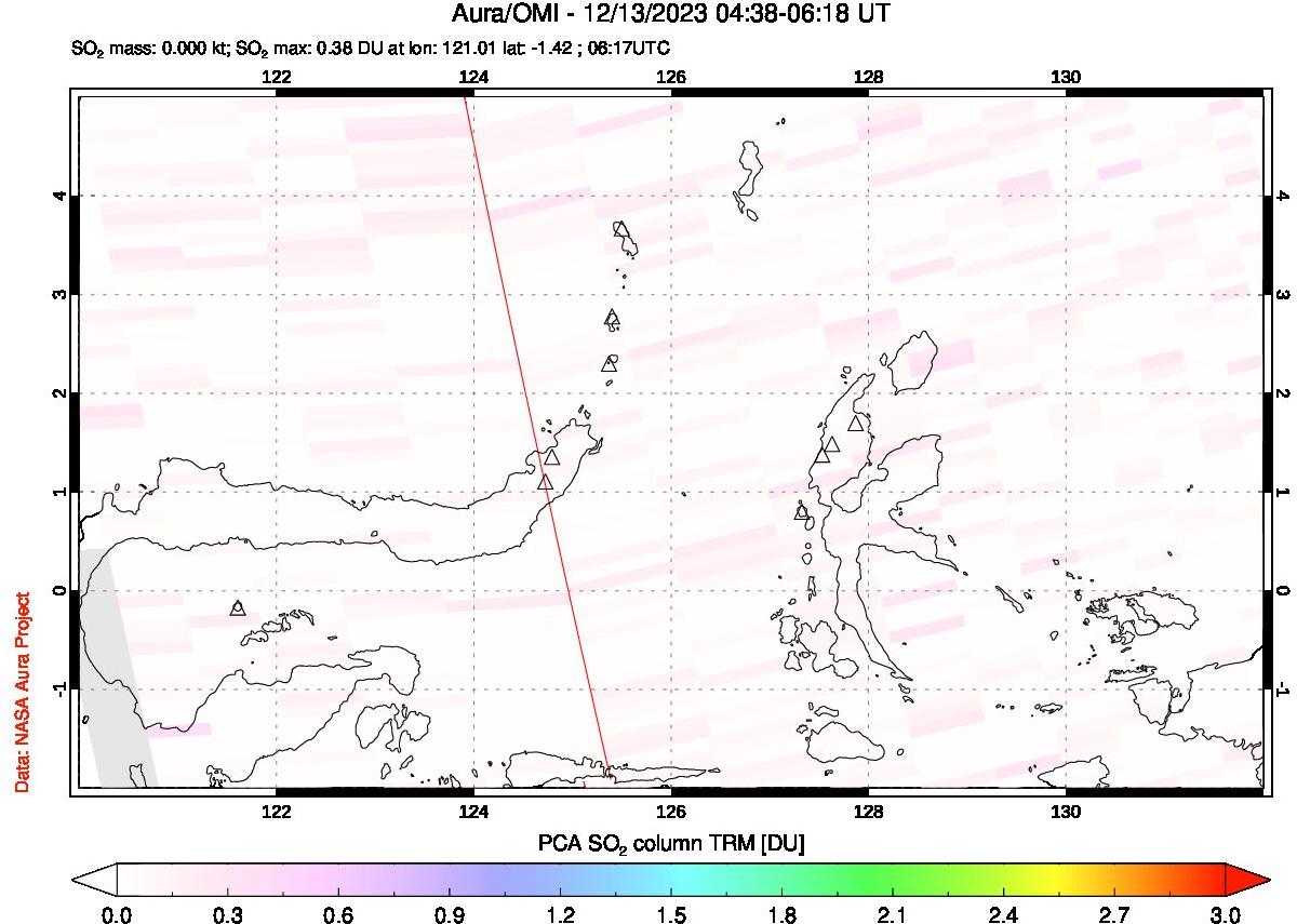 A sulfur dioxide image over Northern Sulawesi & Halmahera, Indonesia on Dec 13, 2023.