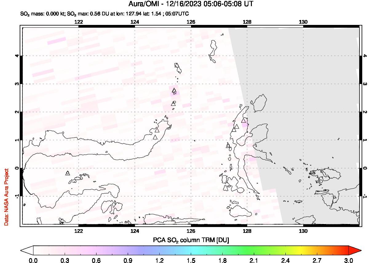 A sulfur dioxide image over Northern Sulawesi & Halmahera, Indonesia on Dec 16, 2023.