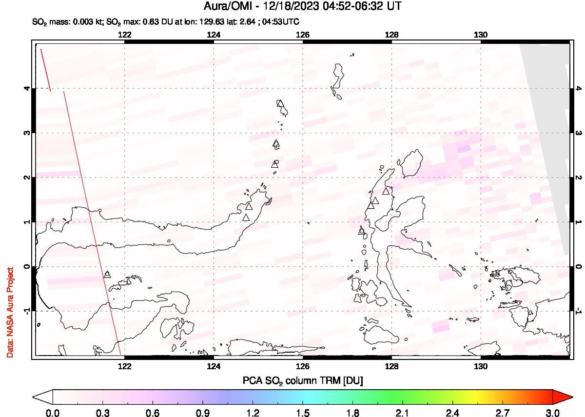 A sulfur dioxide image over Northern Sulawesi & Halmahera, Indonesia on Dec 18, 2023.