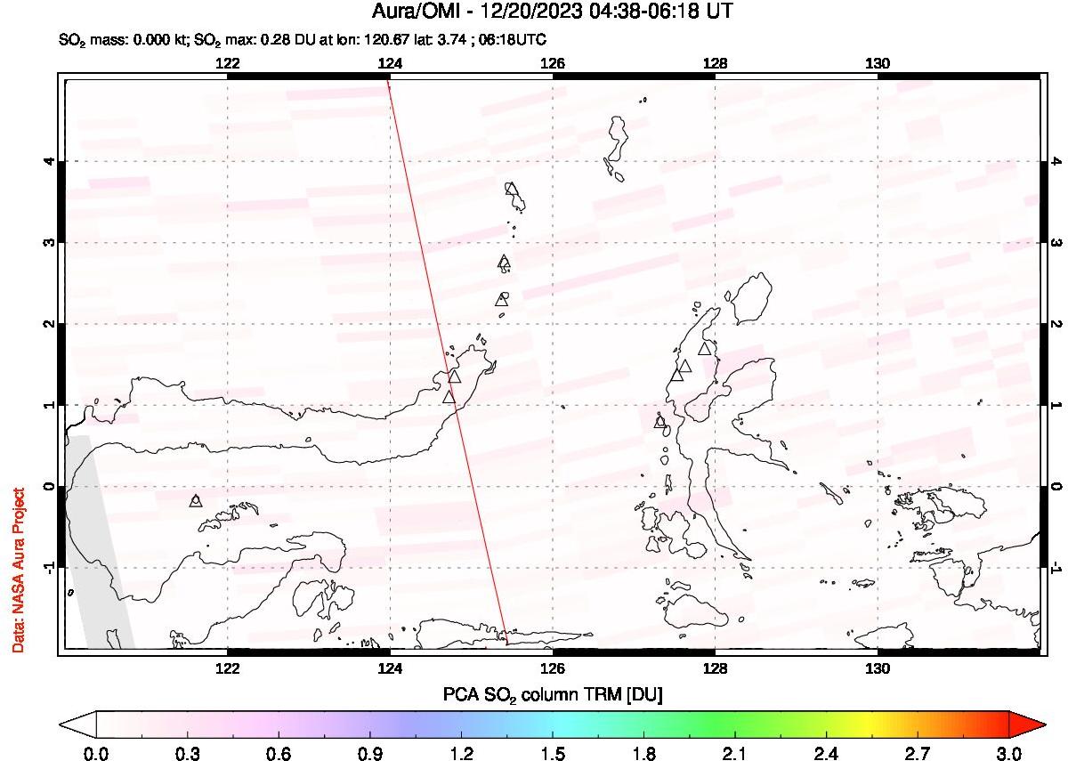 A sulfur dioxide image over Northern Sulawesi & Halmahera, Indonesia on Dec 20, 2023.