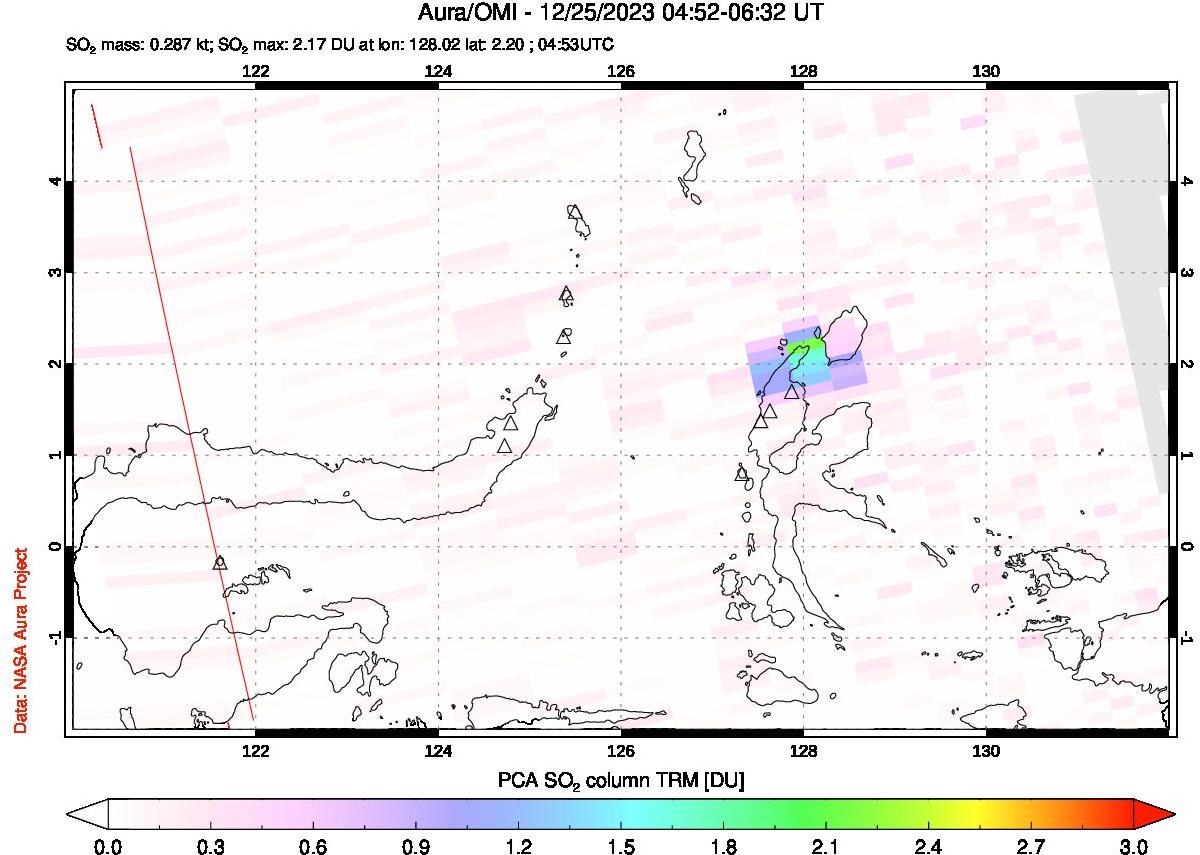 A sulfur dioxide image over Northern Sulawesi & Halmahera, Indonesia on Dec 25, 2023.