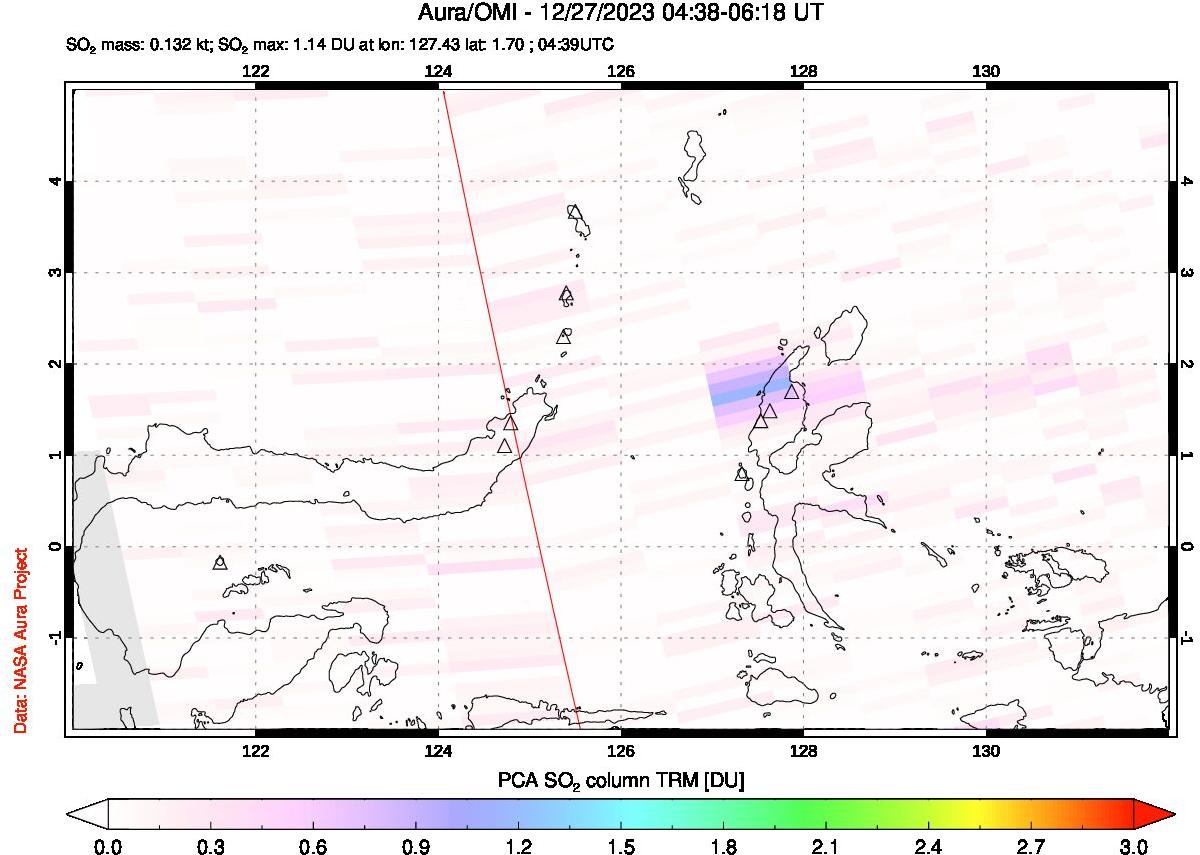 A sulfur dioxide image over Northern Sulawesi & Halmahera, Indonesia on Dec 27, 2023.